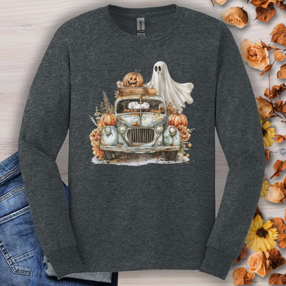 Halloween Vintage Pickup Truck & Ghost Long Sleeve Tee