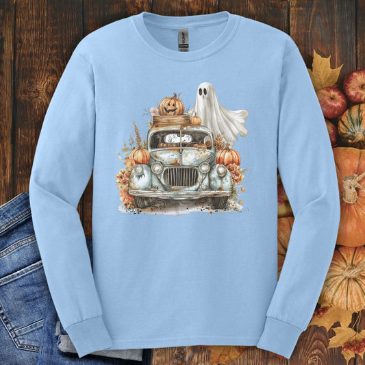 Halloween Vintage Pickup Truck & Ghost Long Sleeve Tee