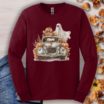 Halloween Vintage Pickup Truck & Ghost Long Sleeve Tee