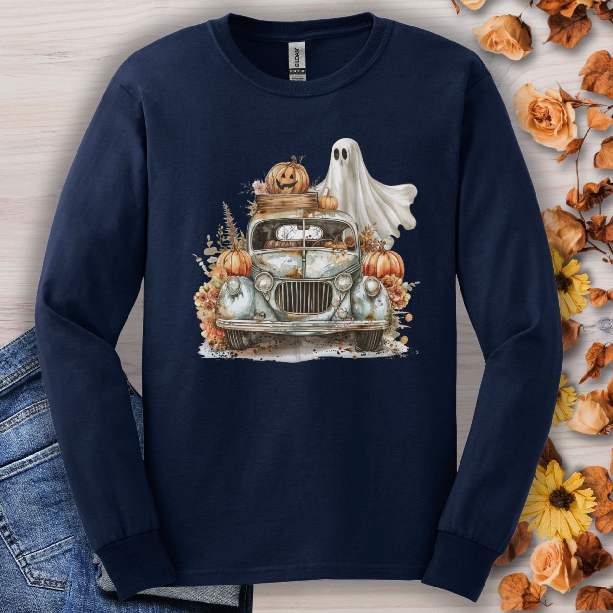 Halloween Vintage Pickup Truck & Ghost Long Sleeve Tee