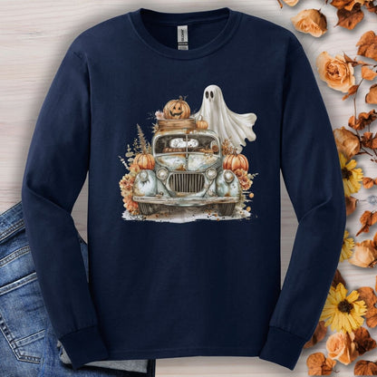 Halloween Vintage Pickup Truck & Ghost Long Sleeve Tee