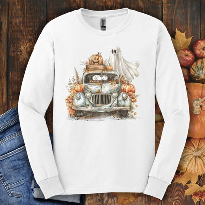 Halloween Vintage Pickup Truck & Ghost Long Sleeve Tee