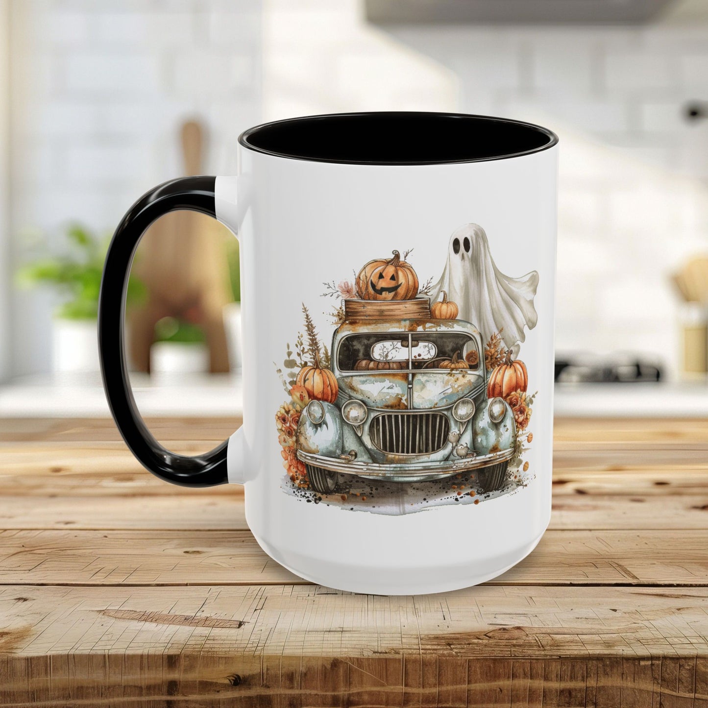 Halloween Vintage Pickup Truck & Ghost Mug (11/15oz)