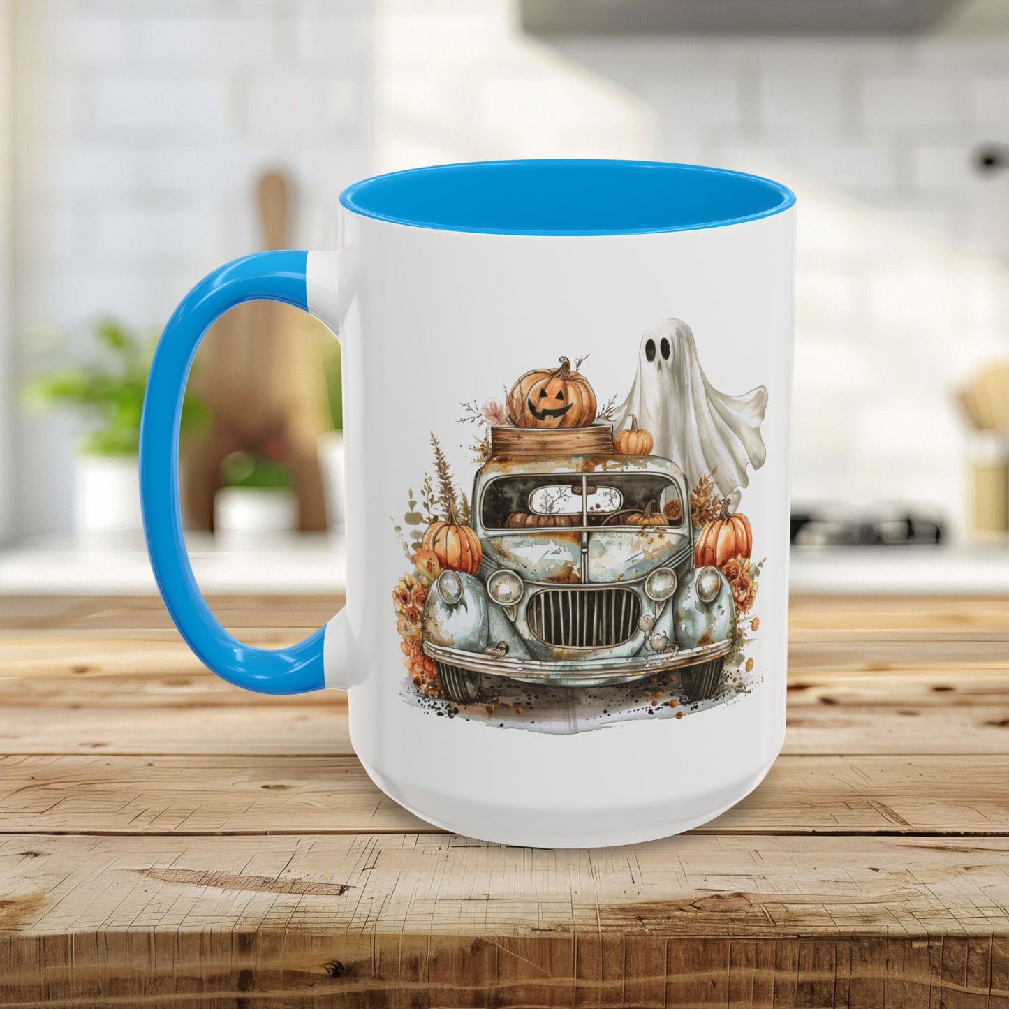 Halloween Vintage Pickup Truck & Ghost Mug (11/15oz)