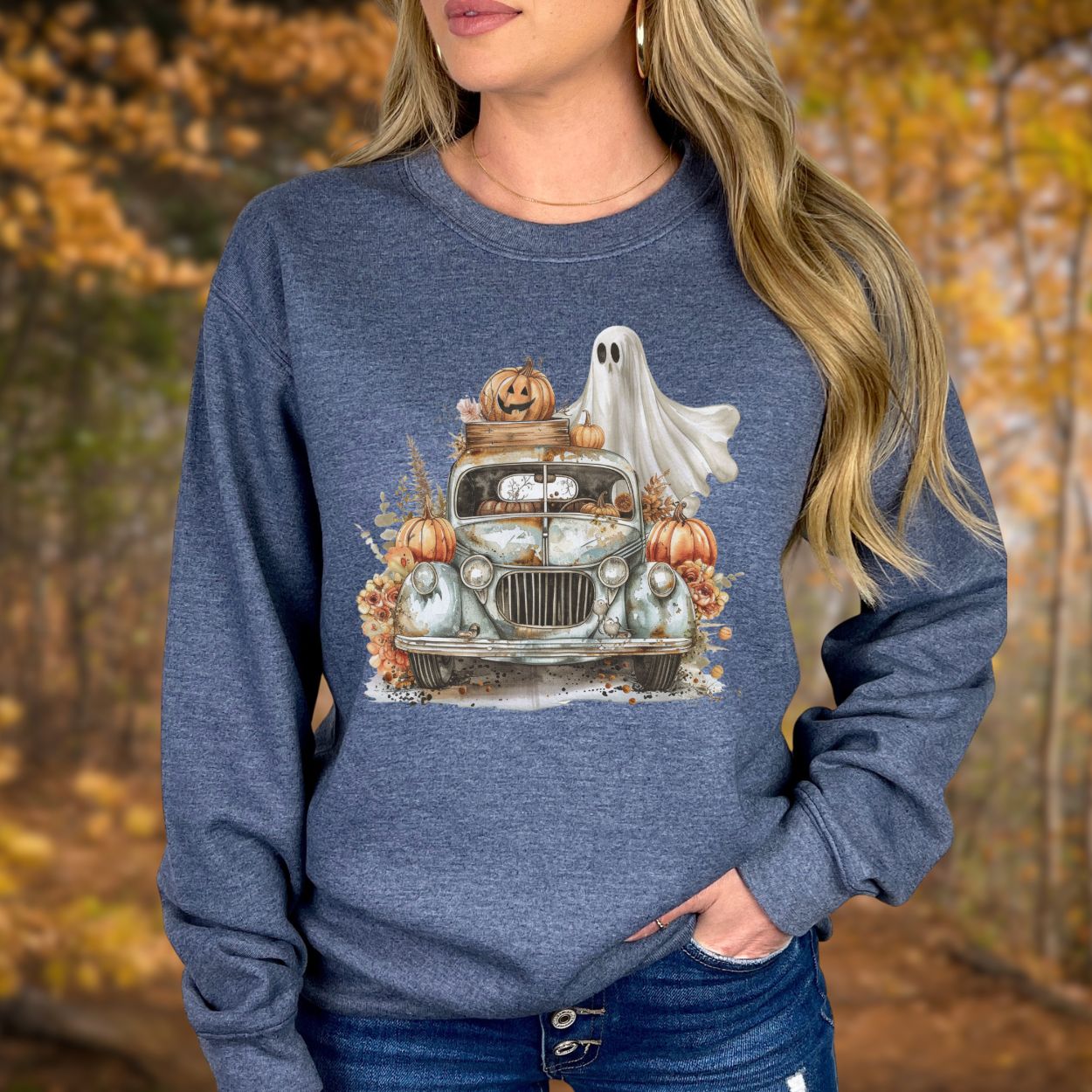 Halloween Vintage Pickup Truck & Ghost Sweatshirt