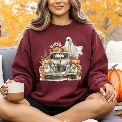 Halloween Vintage Pickup Truck & Ghost Sweatshirt