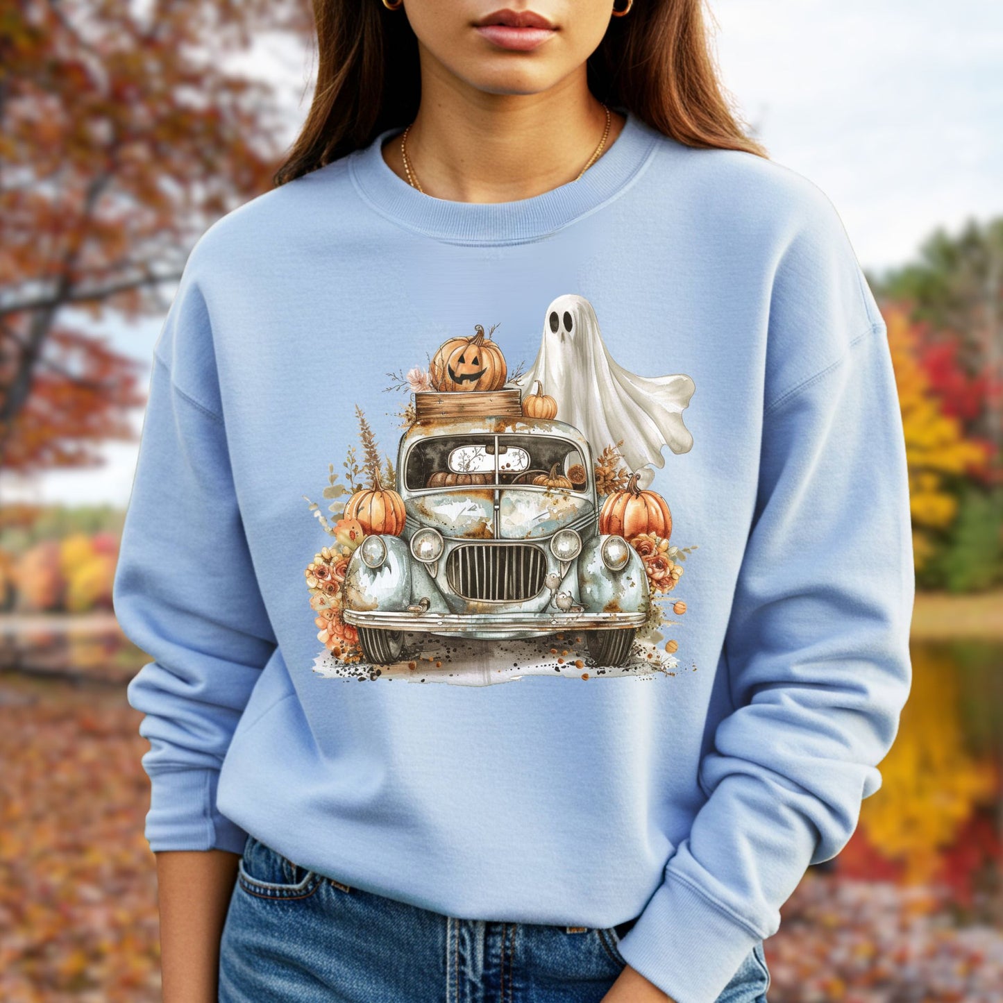 Halloween Vintage Pickup Truck & Ghost Sweatshirt