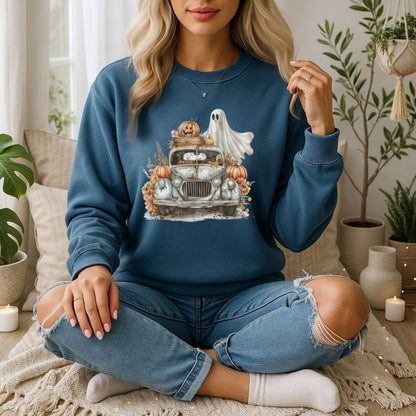 Halloween Vintage Pickup Truck & Ghost Sweatshirt