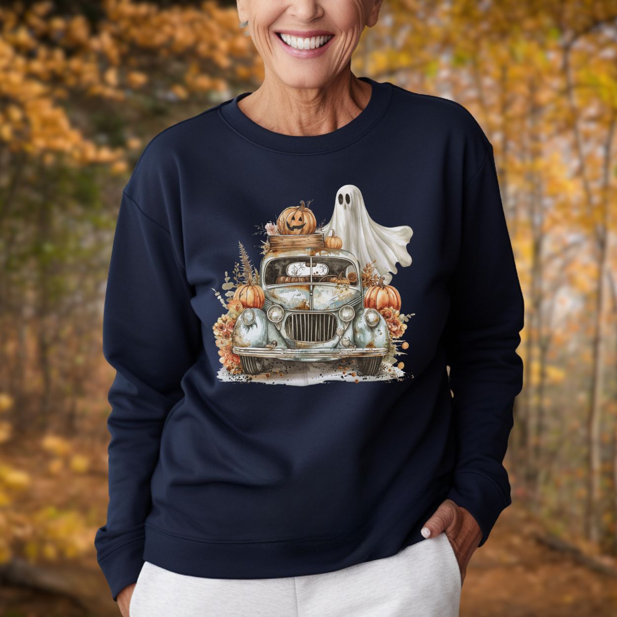 Halloween Vintage Pickup Truck & Ghost Sweatshirt