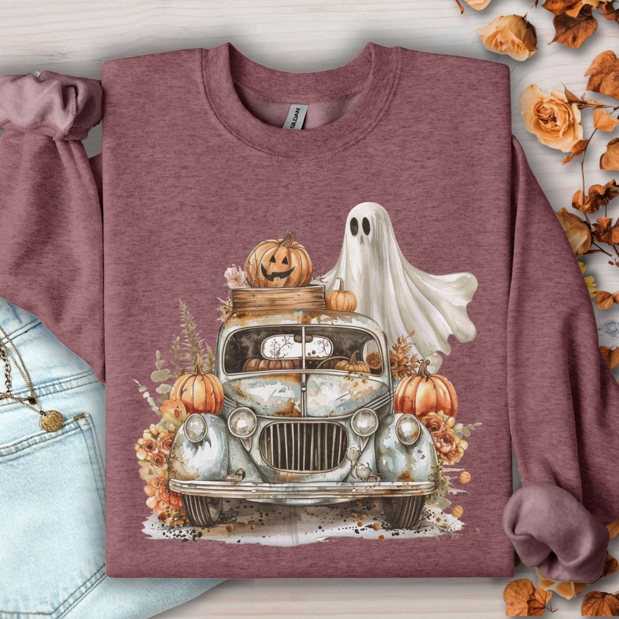 Halloween Vintage Pickup Truck & Ghost Sweatshirt