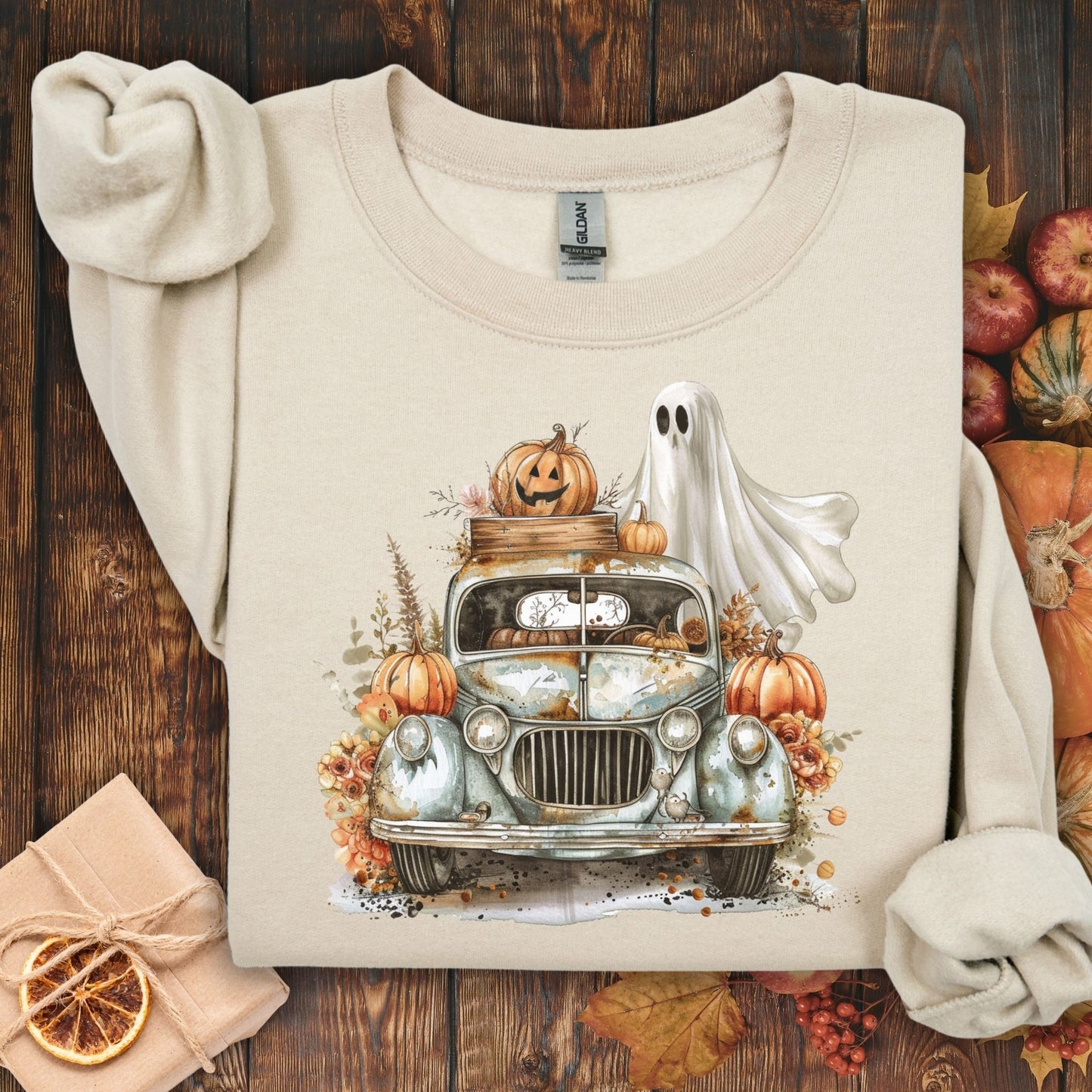 Halloween Vintage Pickup Truck & Ghost Sweatshirt