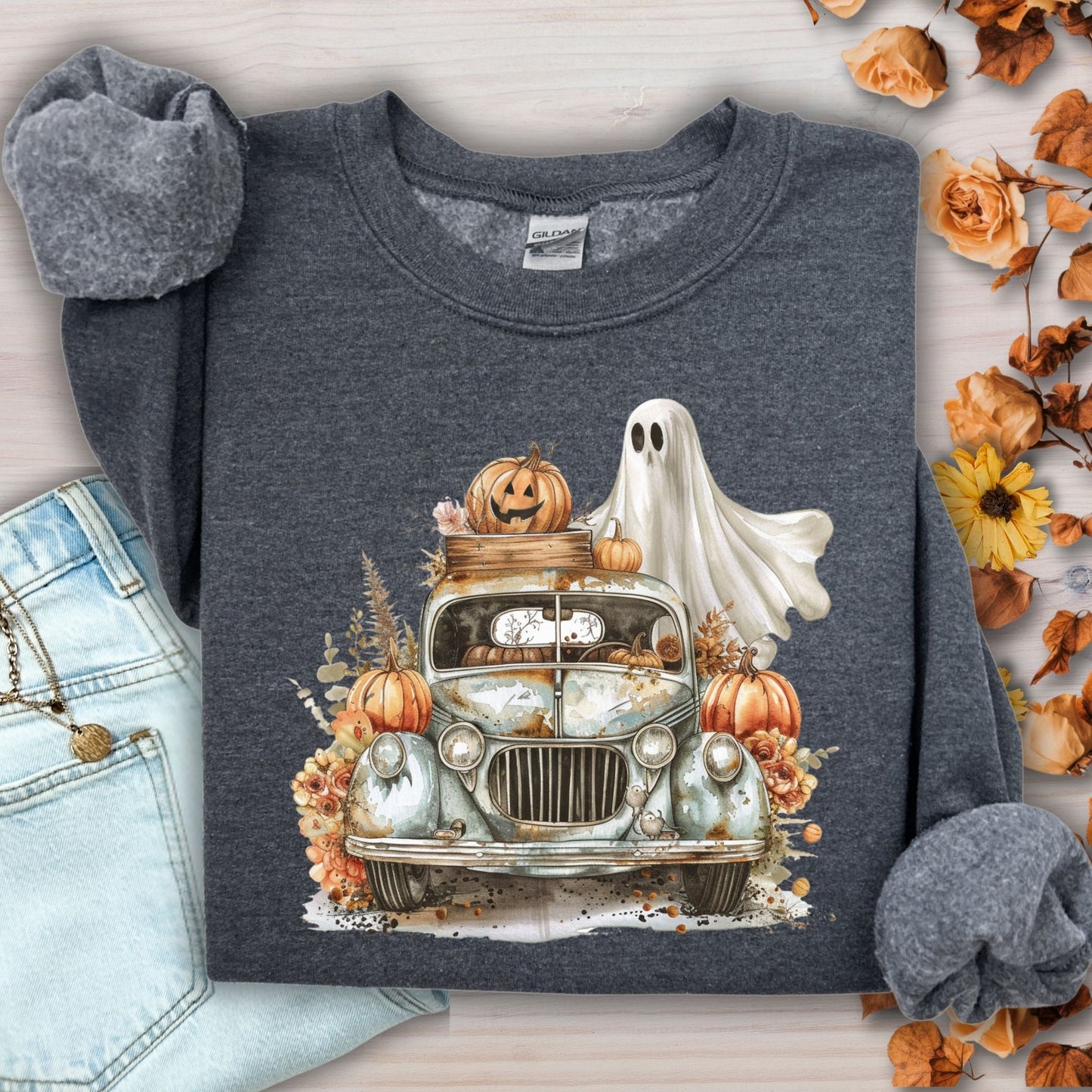 Halloween Vintage Pickup Truck & Ghost Sweatshirt