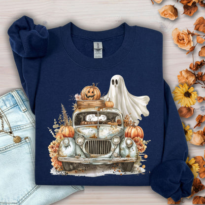 Halloween Vintage Pickup Truck & Ghost Sweatshirt