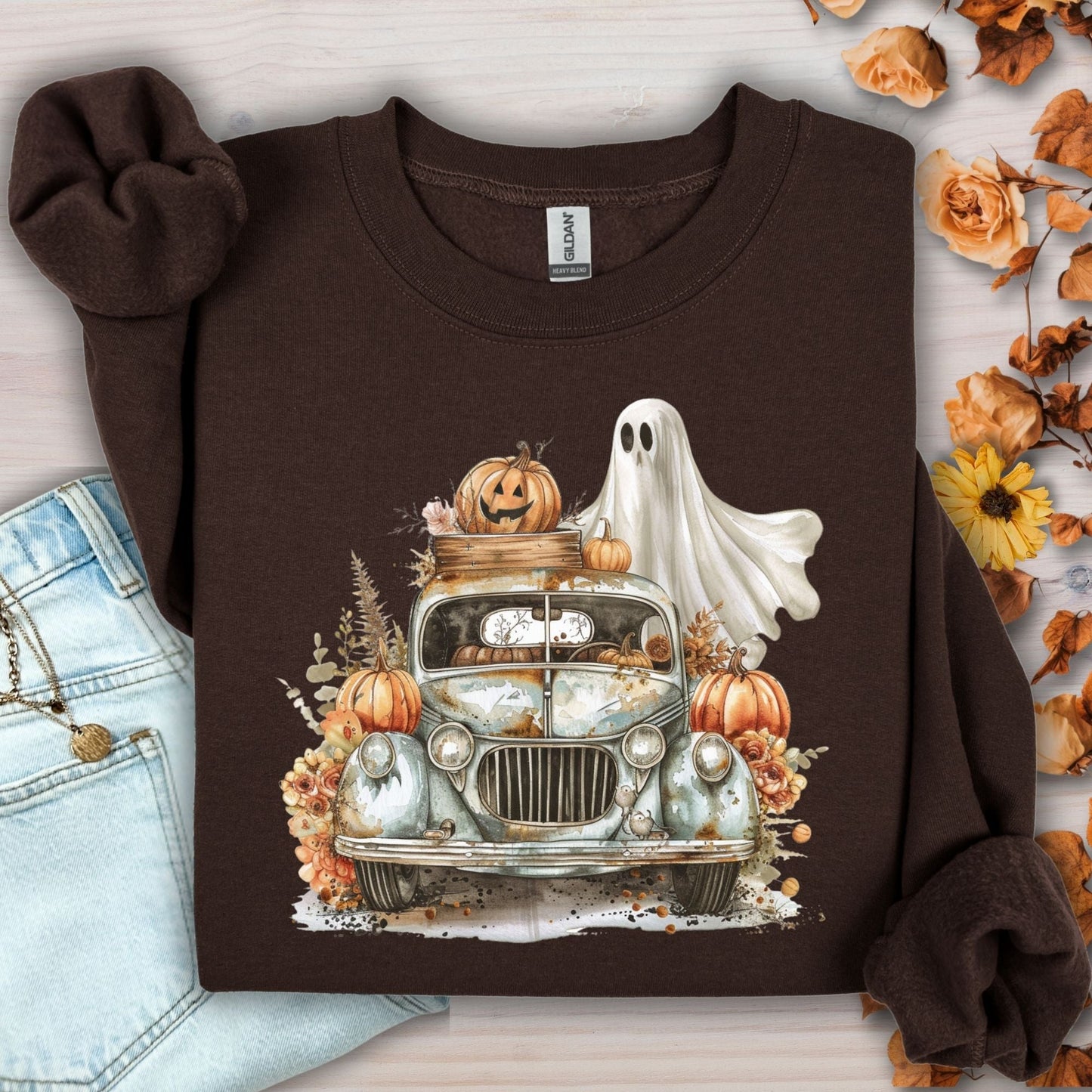 Halloween Vintage Pickup Truck & Ghost Sweatshirt