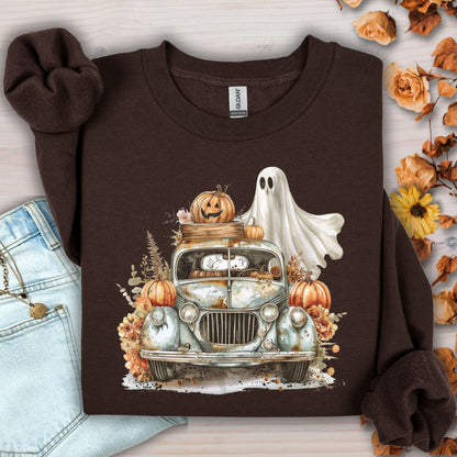 Halloween Vintage Pickup Truck & Ghost Sweatshirt