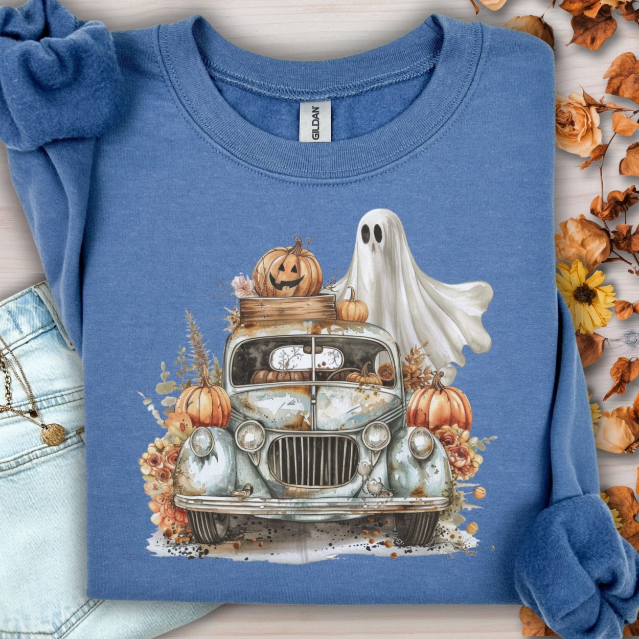 Halloween Vintage Pickup Truck & Ghost Sweatshirt