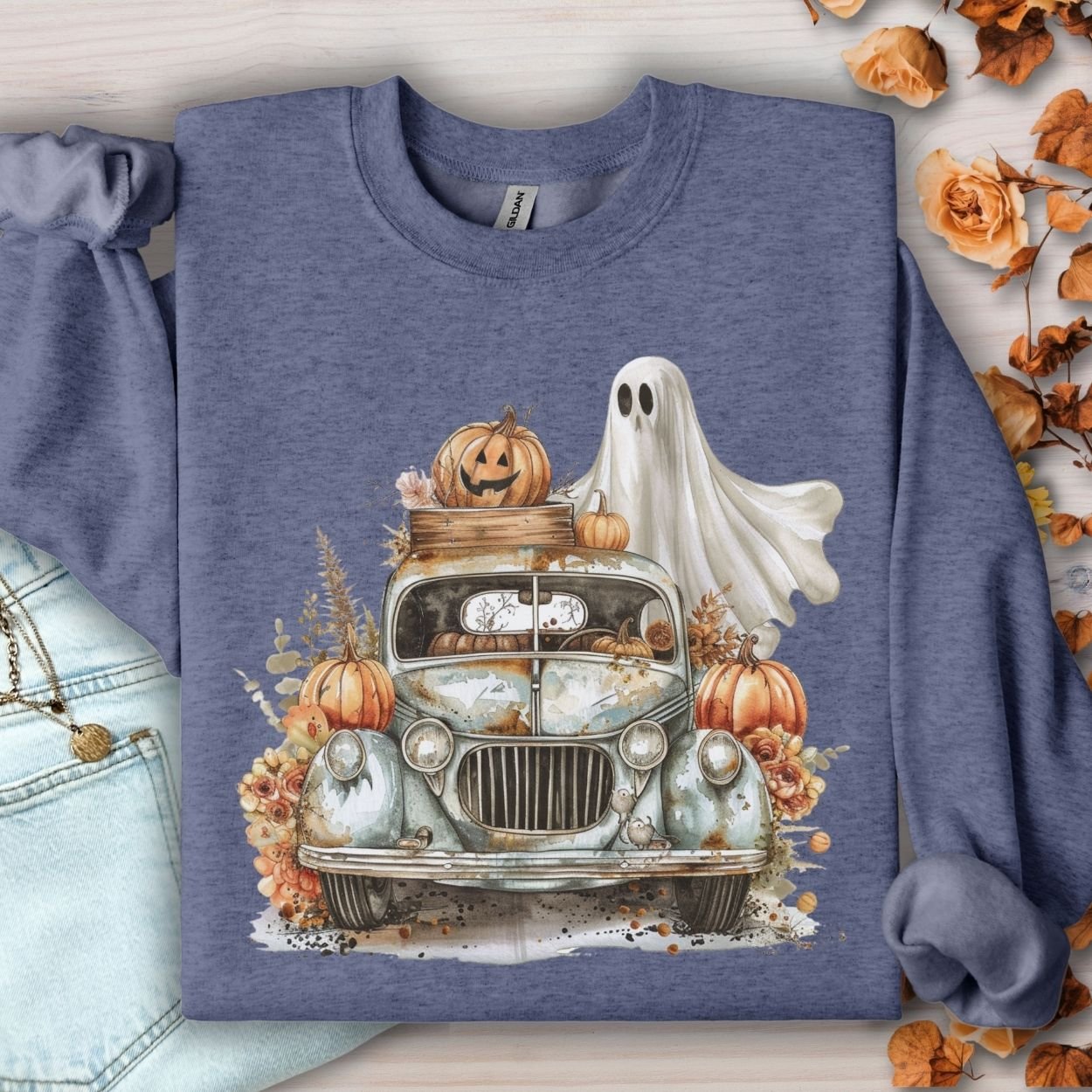 Halloween Vintage Pickup Truck & Ghost Sweatshirt