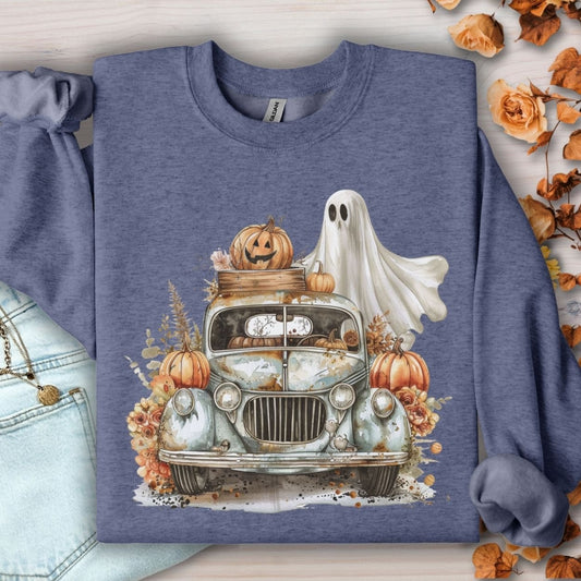 Halloween Vintage Pickup Truck & Ghost Sweatshirt