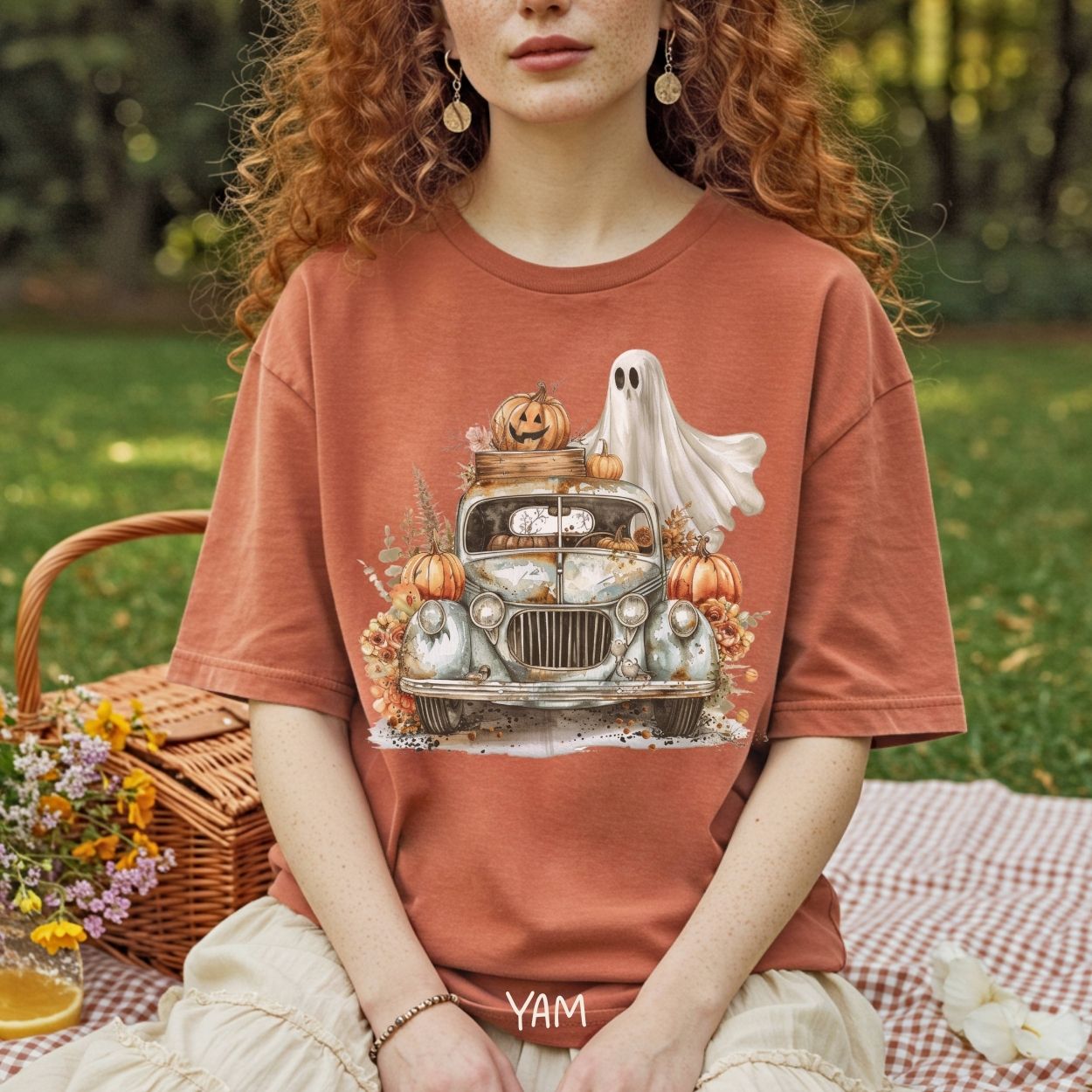 Halloween Vintage Pickup Truck & Ghost T-Shirt