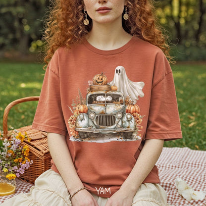 Halloween Vintage Pickup Truck & Ghost T-Shirt