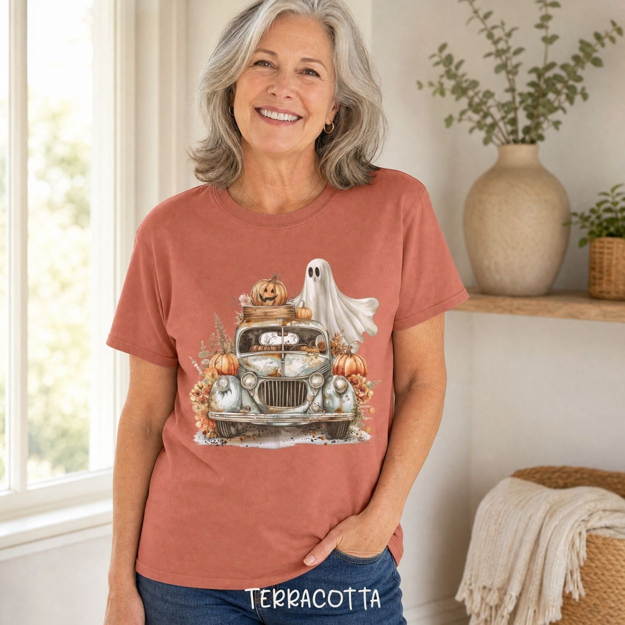 Halloween Vintage Pickup Truck & Ghost T-Shirt