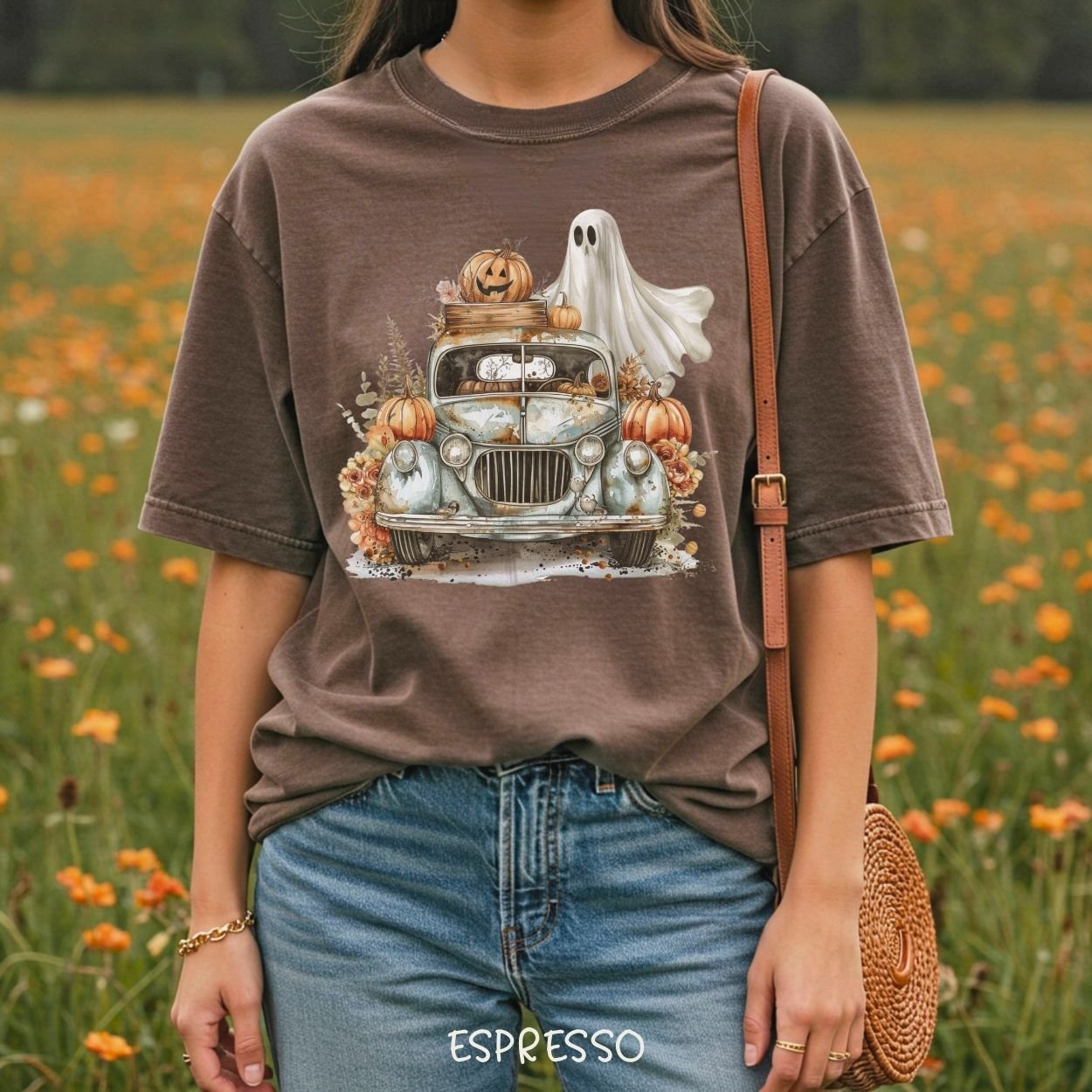 Halloween Vintage Pickup Truck & Ghost T-Shirt
