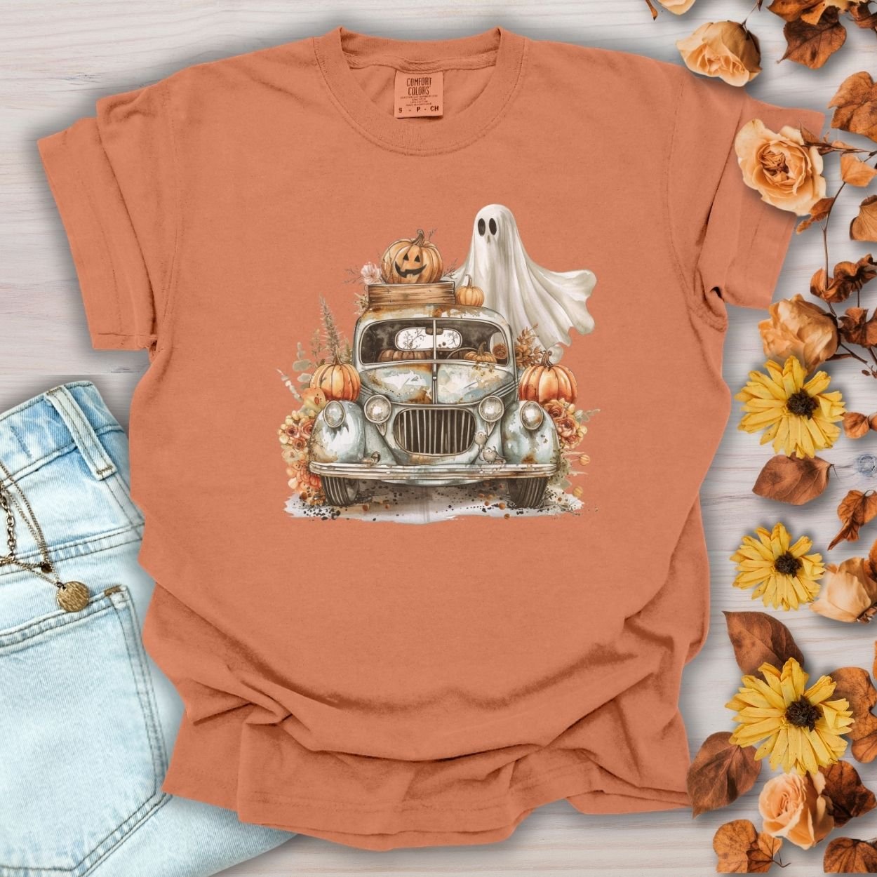 Halloween Vintage Pickup Truck & Ghost T-Shirt