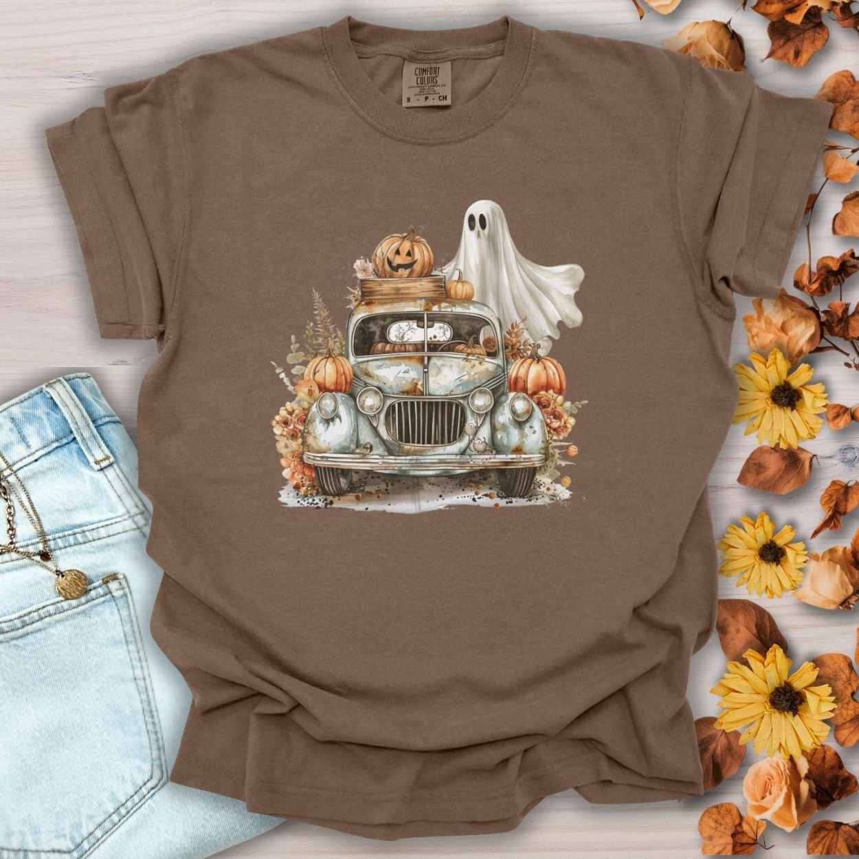 Halloween Vintage Pickup Truck & Ghost T-Shirt