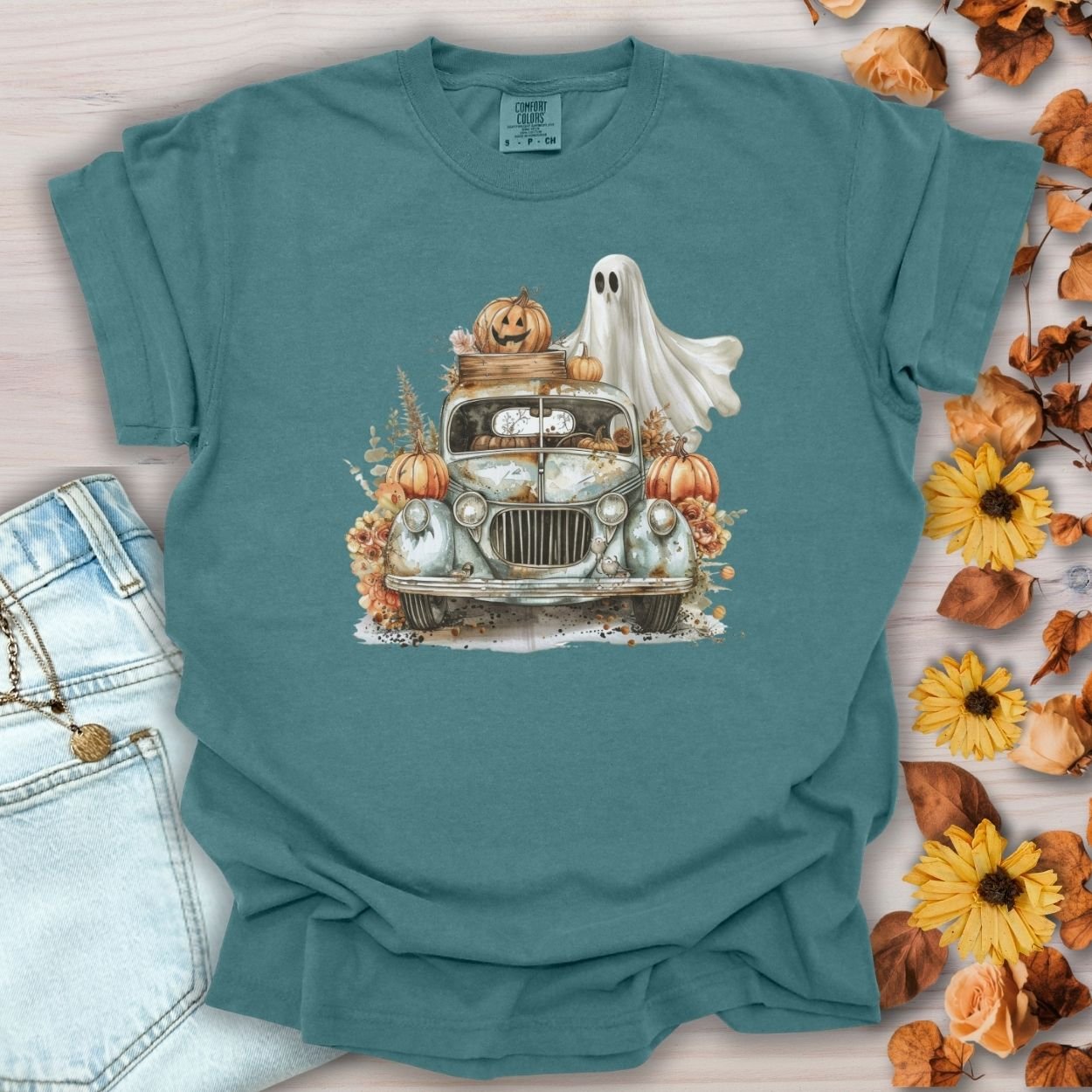 Halloween Vintage Pickup Truck & Ghost T-Shirt