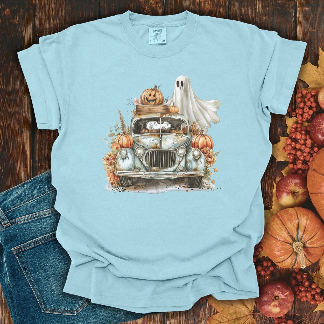 Halloween Vintage Pickup Truck & Ghost T-Shirt