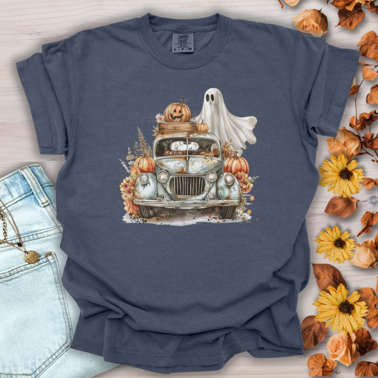 Halloween Vintage Pickup Truck & Ghost T-Shirt