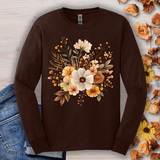 Dark Chocolate long sleeve Gildan tee with a muted autumn floral design, jeans, and fall foliage.