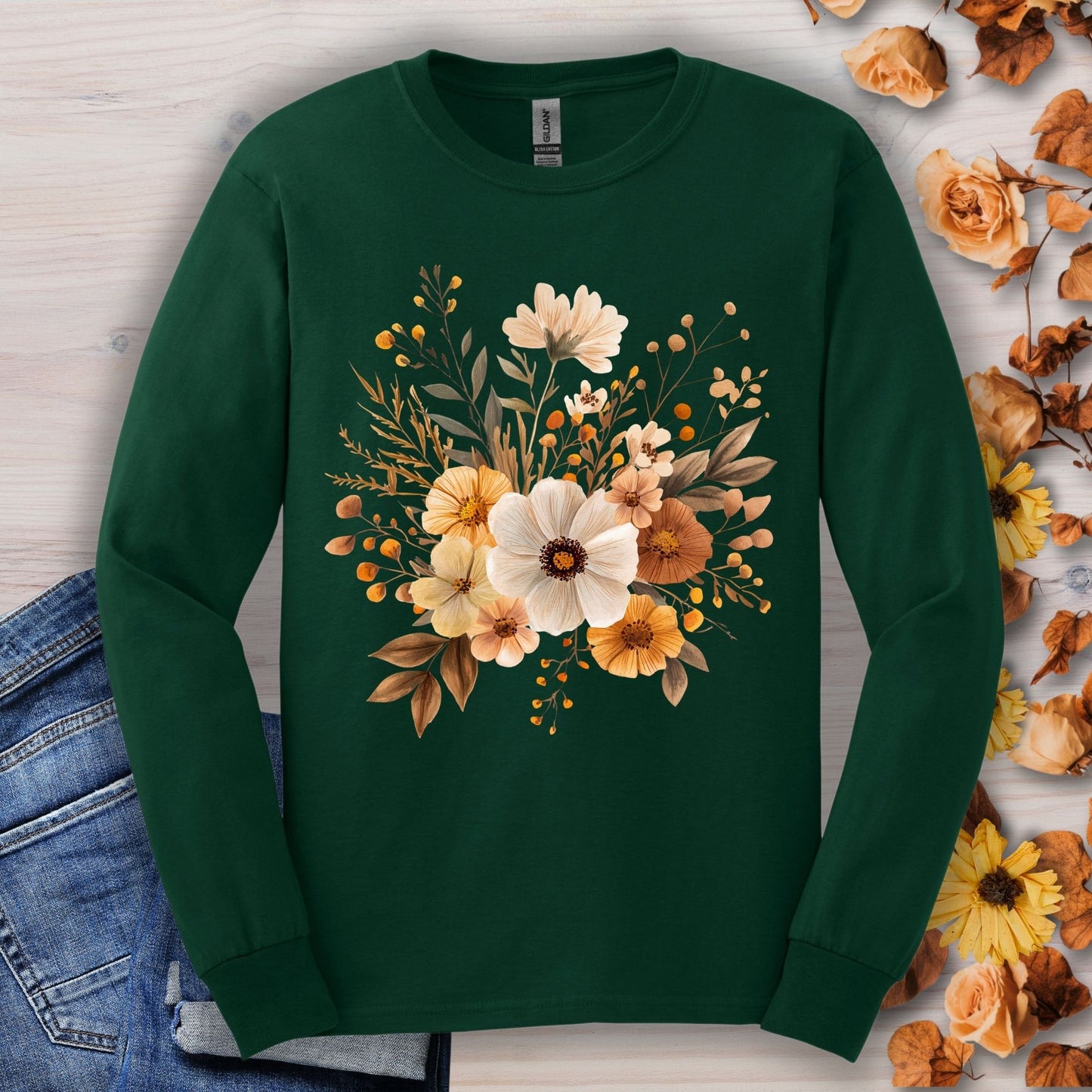 Forest Green long sleeve tee with a muted autumn floral bouquet design, 100% cotton.