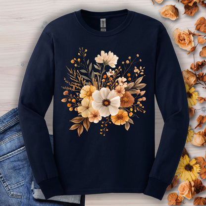 Navy Gildan long sleeve tee with a muted autumn floral design, 100% cotton.