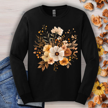 Black Gildan long sleeve tee with a cottagecore-inspired design of muted autumn flowers.