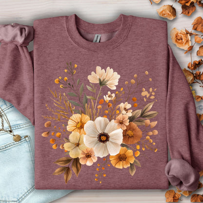 Heather Sport Dark Maroon sweatshirt with watercolor autumnal flowers.