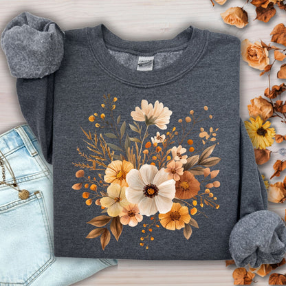 Dark Heather Gildan 18000 sweatshirt with watercolor autumnal flowers in warm tones.