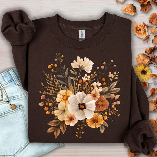 Dark chocolate Gildan sweatshirt with watercolor autumnal flowers in warm tones.