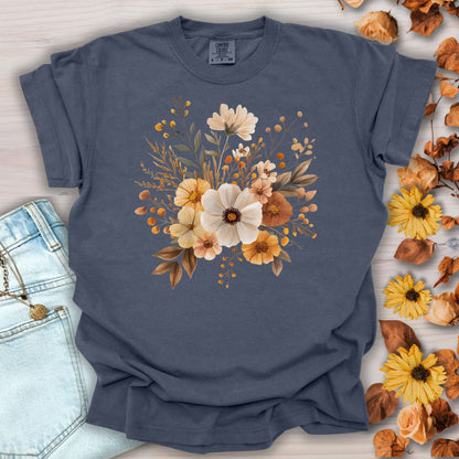 Denim blue garment-dyed t-shirt with a warm bouquet of autumn-hued blooms at the chest.
