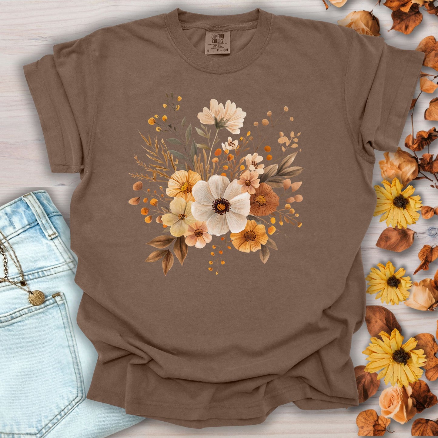 Espresso Harvest Blooms T-Shirt with a warm, vintage floral bouquet design.