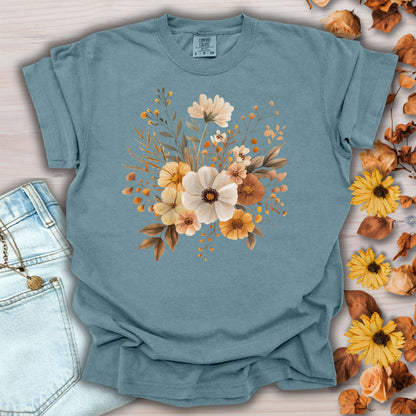 Ice Blue Harvest Blooms T-Shirt, garment-dyed cotton with autumn floral graphic.