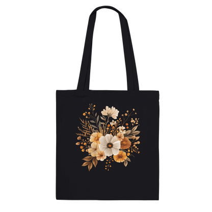 Black cotton canvas tote bag with watercolor autumnal flowers in rich, seasonal tones.