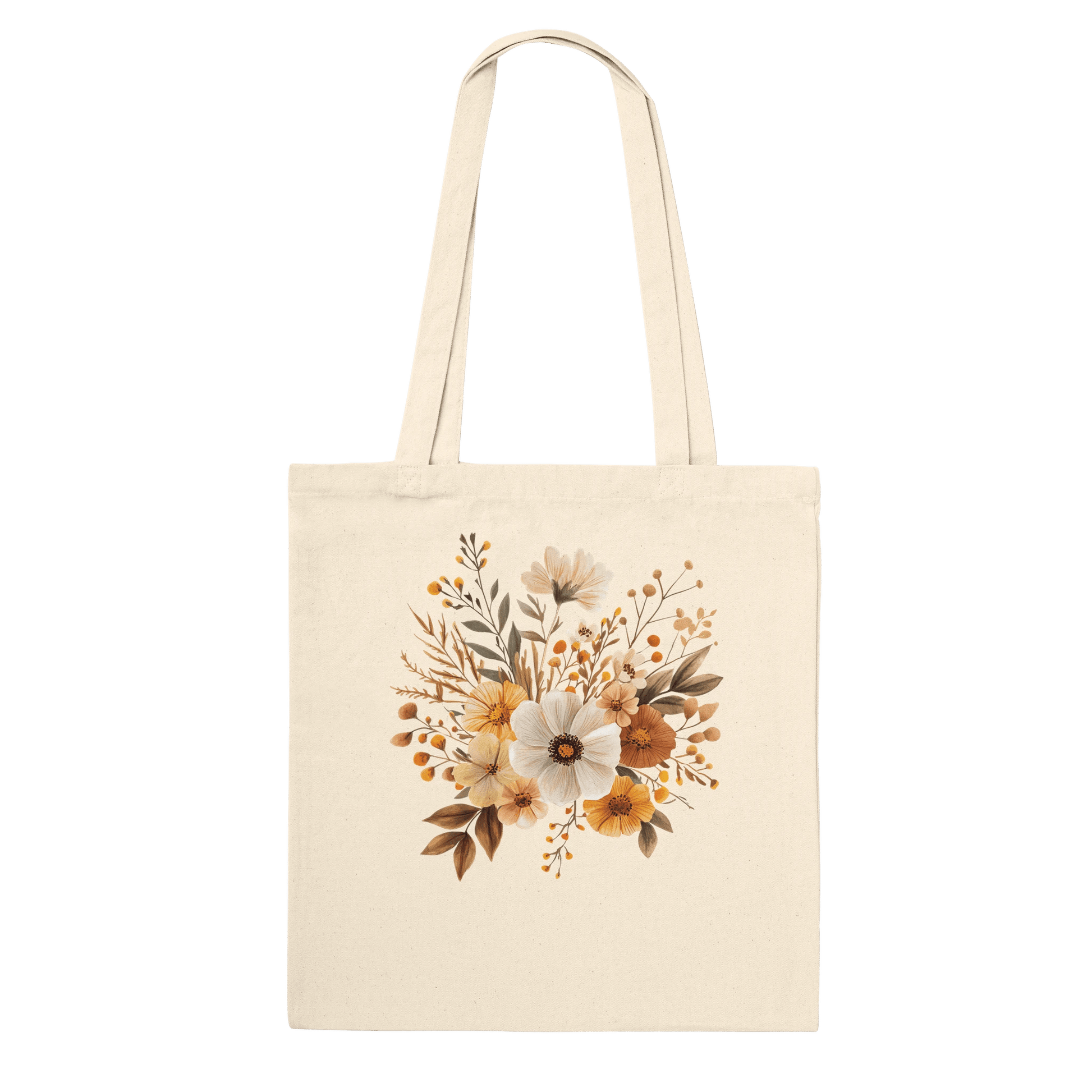 Natural cotton canvas tote bag with a watercolor autumnal floral design in rich, seasonal tones.
