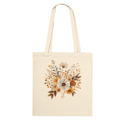 Natural cotton canvas tote bag with a watercolor autumnal floral design in rich, seasonal tones.