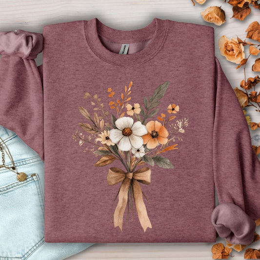 Heather Sport Dark Maroon sweatshirt with a watercolor harvest bouquet and light brown bow.