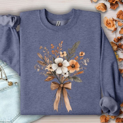 Heather Sport Dark Navy sweatshirt with a watercolor autumn floral bouquet tied with a light brown bow.