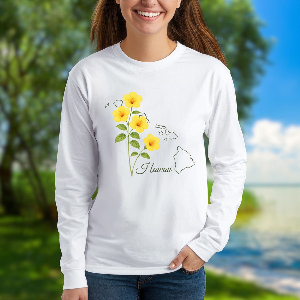 Hawaii State Flower Long Sleeve Tee - Yellow Hibiscus