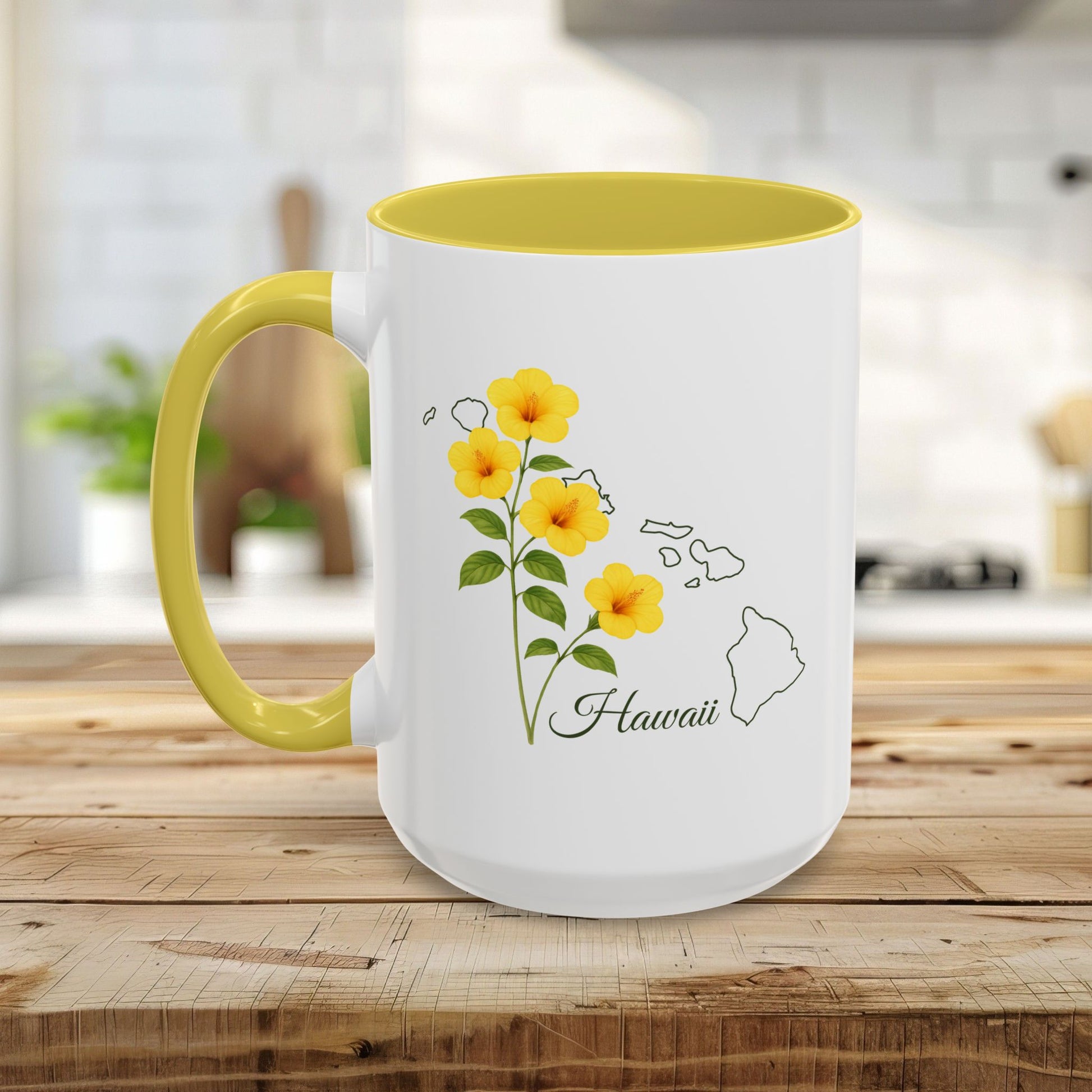 White ceramic mug with yellow hibiscus flowers, "Hawaii" text, and an outline of the Hawaiian islands.