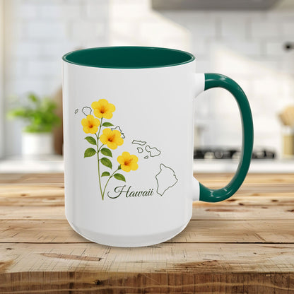 White 15oz ceramic mug with green interior and handle, featuring yellow hibiscus and Hawaii outline.