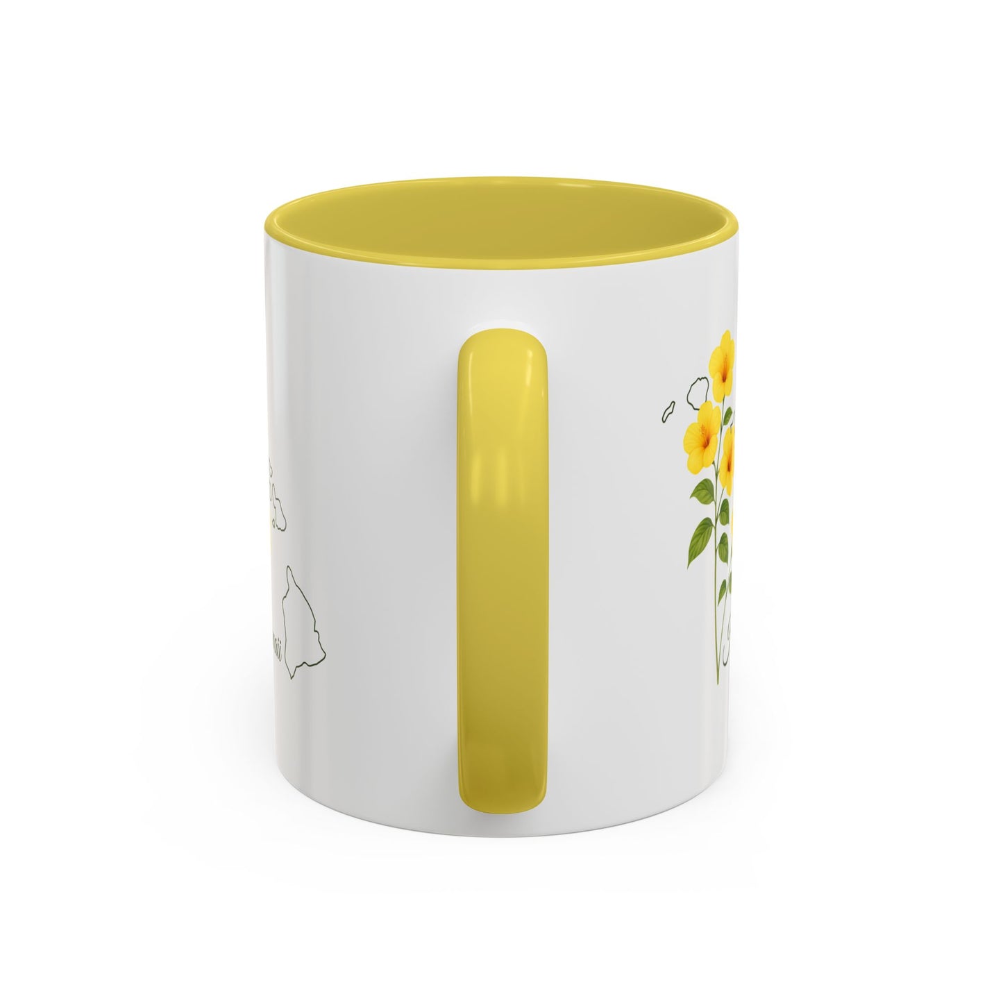White ceramic mug with yellow interior and handle, featuring a yellow hibiscus design and Hawaii outline.